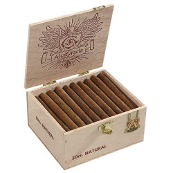 Alta Gracia Irish Creme Cigars 50Ct. Box, open wooden box containing multiple cigars with a natural finish and a hinged lid engraved with the Alta Gracia logo. Alta Gracia Irish Creme Cigars 50Ct. Box, open wooden box containing multiple cigars with a natural finish and a hinged lid engraved with the Alta Gracia logo.