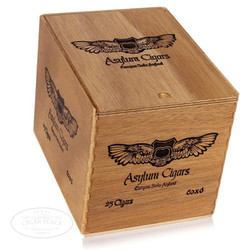 Asylum Sixty (Gordo) Cigars 25Ct. Box, wooden cigar box with black logo and text, featuring a wings emblem and product details.