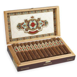 Ashton Cigars Ashton Symmetry Robusto Cigars 25Ct. Box, open wooden cigar box displaying neatly arranged cigars with decorative bands.