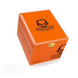 Asylum Insidious Habano 550 Cigars 25Ct. Box, orange cigar box with black skull logo and gold latch.
