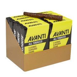 Avanti Licorice Cigarillos 10/5 Packs, yellow and black cigarette pack with one licorice cigarillo placed on top.