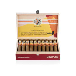 AVO Syncro Nicaragua Fogata Robusto Cigars 20Ct. Box, open wooden cigar box displaying a row of cigars with band labels.