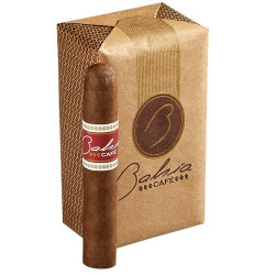 Bahia Café Robusto Cigars Pack of 12, brown cigar with red and white band standing next to a brown box with Bahia Café logo.