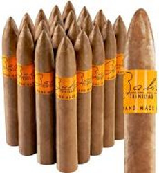 Bahia Trinidad Torpedo Cigars Pack of 20, arranged in a row showcasing the torpedo-shaped cigars with a brown wrapper and orange band.