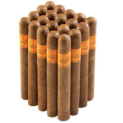 Bahia Trinidad Corona Gigante Cigars Pack of 20, bunch of large, hand-made Cuban cigars with brown wrappers and orange bands.