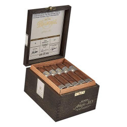 Scandinavian Tobacco Balmoral Anejo XO Petite Robusto Cigars 20Ct. Box, open wooden humidor displaying cigars with bands inside a stylish black and wood finish case.