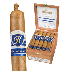 Scandinavian Tobacco Balmoral Anejo XO Connecticut Petit Robusto Cigars 20Ct. Box, featuring a close-up of a single cigar with a blue and white band, and an open wooden box containing five cigars with similar bands.