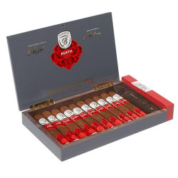 Balmoral Serie Signaturas Dueto Robusto Cigars 10Ct. Box, open cigar box showcasing ten premium cigars with white and red bands.