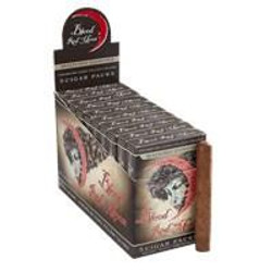Blood Red Moon Mini Corona Maduro Cigars Pack of 50, image showing a display box filled with individually wrapped cigars and one cigar outside the box for comparison.