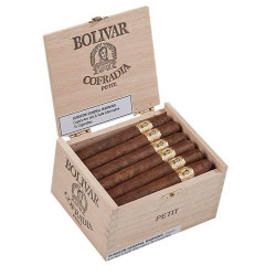 General Cigar Bolivar Cofradia Petit Corona Cigars 24Ct. Box, open wooden box showcasing packaged cigars with gold and white bands.