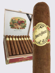 Brick House Toro Cigars 25Ct. Box, a collection of handmade cigars with a cigar on the right showing the label, and a decorated box of cigars in the background.