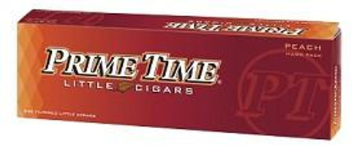Prime Time Little Cigars Peach, a box of peach-flavored cigars with vibrant packaging design