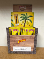Altadis Backwoods Banana Cigars 40Ct Display, a cardboard display box with banana-flavored cigars, featuring a banana graphic and a warning label, arranged for sale.