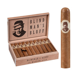 Caldwell Blind Man's Bluff Connecticut Magnum Cigars 20Ct. Box, showcasing a wooden cigar box with a black and white illustration of a man's face with a hat on the inside lid and a row of cigars with matching labels inside, alongside a single cigar with a label displaying the same man's face.
