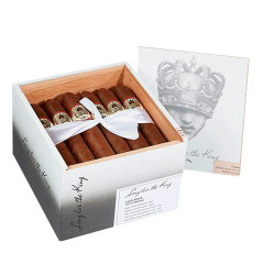 Caldwell Collection - Long Live The King The Heater Cigars 24Ct. Box, a set of premium cigars inside a white wooden box with a white ribbon, adjacent to a graphic box lid featuring a king's crown and face design.
