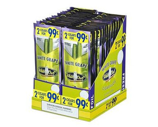 Swedish Match White Owl Cigarillos White Grape 30 Pouches of 2, display of cigarillo packs in blue and yellow packaging with white grape flavor branding. Swedish Match White Owl Cigarillos White Grape 30 Pouches of 2, display of cigarillo packs in blue and yellow packaging with white grape flavor branding.