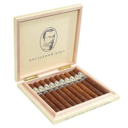 Caldwell The Last Tsar Churchill Cigars 10Ct. Box, open wooden cigar box containing ten cigars with silver bands.