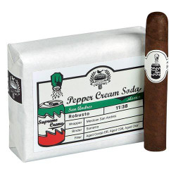 Caldwell Lost & Found Pepper Cream Soda San Andres Robusto Cigars, a box of premium cigars with a brown Robusto cigar placed next to a white box featuring a pepper cream soda label and branding.