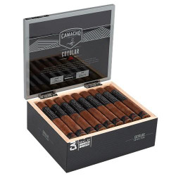 Camacho Coyolar Super Toro Cigars 25Ct, open cigar box displaying rows of cigars with a glass lid and brand logo.