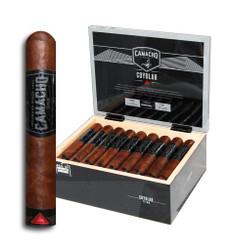 Camacho Coyolar Titan Cigars 25Ct. Box, opened cigar box containing cigars with a single cigar placed beside it showcasing the product. Camacho Coyolar Titan Cigars 25Ct. Box, opened cigar box containing cigars with a single cigar placed beside it showcasing the product.