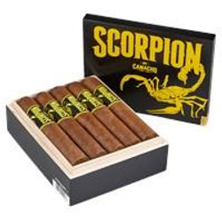 Camacho Scorpion Sun Grown Super Gordo Cigars 10Ct. Box, open box displaying ten cigars with dark brown wrappers and yellow band, black and yellow packaging.