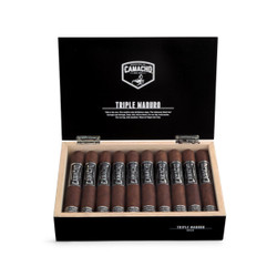 Camacho Triple Maduro Gordo Cigars 20Ct. Box, black box open to reveal 20 cigars with dark brown wrappers and black labels with white text. Camacho Triple Maduro Gordo Cigars 20Ct. Box, black box open to reveal 20 cigars with dark brown wrappers and black labels with white text.