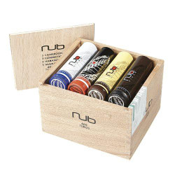 NUB Tubo Sampler Box 12 Cigars, wooden box containing four different cigars with various colorful and patterned cigar wraps inside.