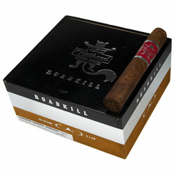 CAO Flathead Steel Horse Roadkill Cigars 20 Ct. Box, black and brown cigar box with a cigar resting on top