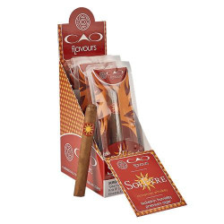 CAO Flavours Solfyre Petite Corona Cigars Fresh Pack of 6, containing six individually wrapped cigars in a decorative box with flavor information and branding.
