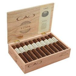 CAO Pilon Gigante Cigars 20Ct. Box, open wooden cigar box containing 20 cigars with white bands featuring the CAO logo. CAO Pilon Gigante Cigars 20Ct. Box, open wooden cigar box containing 20 cigars with white bands featuring the CAO logo.