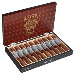 General Cigar Mayans M.C. by CAO Cigars 10Ct. Box, a wooden box containing ten cigars with decorative bands inside a luxurious presentation box.