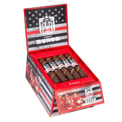 General Cigar CAO America Honor Potomac Fire/EMS Cigars 20Ct. Box, an open box of cigars with patriotic American flag-themed packaging and a graphic of firefighters.
