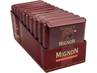 Panter Tobacco Panter Mignon De Luxe Sweet Cigarillos, display box of individually wrapped cigarillos arranged in rows. Panter Tobacco Panter Mignon De Luxe Sweet Cigarillos, display box of individually wrapped cigarillos arranged in rows.