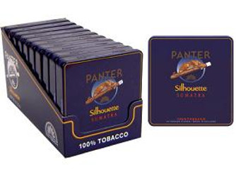 Panter Tobacco Panter Silhouette Sumatra Cigarillos, display of cigarillos boxes with dark blue packaging and logo featuring a silhouette of a panther and a cigar.