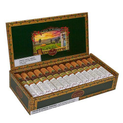 Carlos Torano Casa Torano Robusto Cigars 25Ct. Box, an open cigar box displaying neatly arranged cigars with colorful bands and a detailed interior design on the lid. Carlos Torano Casa Torano Robusto Cigars 25Ct. Box, an open cigar box displaying neatly arranged cigars with colorful bands and a detailed interior design on the lid.