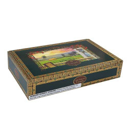 Carlos Torano Casa Torano Torpedo Cigars 25Ct. Box, rectangular cigar box with ornate gold and black design and colorful landscape artwork on the lid.