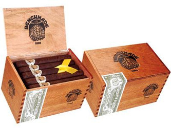 My Father Cigars Benchmade Toro Cigars 25 Ct. Box, open wooden box containing 25 cigars with a yellow ribbon and a decorative band, and closed box with branding and cash-themed band.