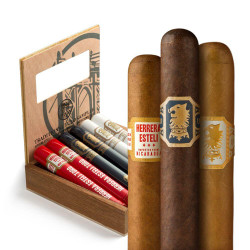 Drew Estate Traditional Tubo Cigars Sampler 6Ct. Box, featuring a wooden box with six cigars and cigarillos, including a mix of Maduro and natural wraps with branded labels. Drew Estate Traditional Tubo Cigars Sampler 6Ct. Box, featuring a wooden box with six cigars and cigarillos, including a mix of Maduro and natural wraps with branded labels.