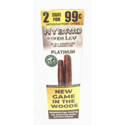 Hybrid Woods Leaf Platinum Cigars 15/2 Ct, promotional cigar package featuring two cigars wrapped in wood leaf with an introductory offer of 2 for 99 cents.