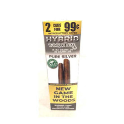 Hybrid Woods Leaf Pure Silver Cigars 15/2 Ct, packaging with promotional offer and cigar image Hybrid Woods Leaf Pure Silver Cigars 15/2 Ct, packaging with promotional offer and cigar image