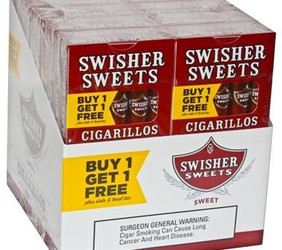 Swisher International Swisher Sweets Cigarillos Regular Pack B1G1, a box of cigarillos with promotional buy one get one free offer and warning label about health risks. Swisher International Swisher Sweets Cigarillos Regular Pack B1G1, a box of cigarillos with promotional buy one get one free offer and warning label about health risks.
