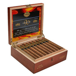 Carlos Torano Noventa Latin Cigars 25Ct. Box, image of an open wooden cigar box containing premium cigars with the lid displaying the brand logo and decorative interior design.