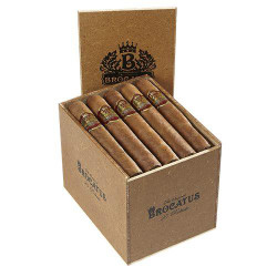 Brocatus Robusto Cigars 25Ct. Box, image showing an open box with five individually wrapped cigars inside, featuring the Brocatus logo on each cigar. Brocatus Robusto Cigars 25Ct. Box, image showing an open box with five individually wrapped cigars inside, featuring the Brocatus logo on each cigar.
