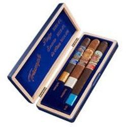 E.P. Carrillo Cigars E.P. Carrillo Trilogy Cigars Sampler 3-Count Box, neatly arranged in a wooden box with a blue interior and branding label. E.P. Carrillo Cigars E.P. Carrillo Trilogy Cigars Sampler 3-Count Box, neatly arranged in a wooden box with a blue interior and branding label.