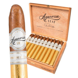 Casa Fernandez Aganorsa Leaf Signature Selection Belicoso Cigars 20 Ct. Box, featuring a close-up of a single cigar with a white and gold band and an open wooden box displaying multiple cigars inside.