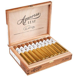 Casa Fernandez Aganorsa Leaf Signature Selection Toro Cigars 20Ct. Box, wooden cigar box open revealing 20 cigars with white bands and golden wrappers inside.