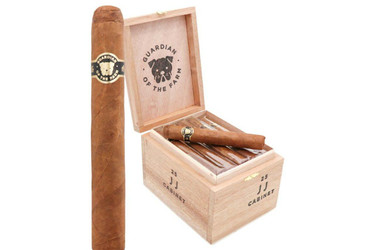 Guardian of the Farm JJ Cigars 25Ct. Box, wooden cigar storage box with a cigar inside and a large cigar leaning against it, featuring a logo with a dog's face on the lid and label. Guardian of the Farm JJ Cigars 25Ct. Box, wooden cigar storage box with a cigar inside and a large cigar leaning against it, featuring a logo with a dog's face on the lid and label.