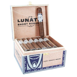 JFR Lunatic Maduro Short Robusto Cigars 28Ct. Box, wooden cigar box open displaying six wrapped cigars and one unwrapped cigar inside.