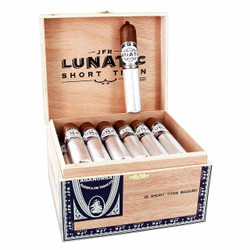 Casa Fernandez JFR Lunatic Maduro Short Titan Cigars 28Ct. Box, a wooden cigar box containing 28 short Titan Maduro cigars with silver and brown bands, and one cigar placed upright inside the open lid.