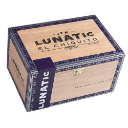 Casa Fernandez JFR Lunatic Maduro El Chiquito Cigars 28Ct. Box, rectangular wooden box with a decorative blue border and a latch, containing full-body cigars.